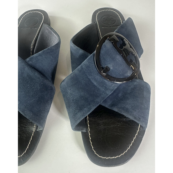 Tory Burch Grant Suede Sandal Open Toe Criss Cross Slides Midnight Blue 7.5 M - Picture 4 of 16